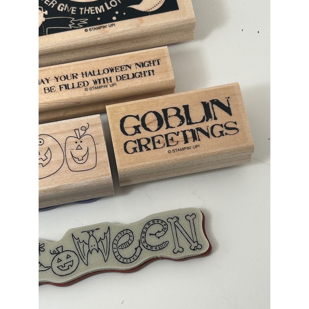 Stampin Up Halloween Wood Mounted Rubber Stamp Set Witch Pumpkin Goblin Eek 6pc - Picture 4 of 10